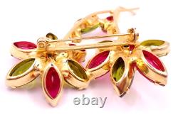 Vtg 1950s Retro Flower Brooch Pin Pink Green Glass Rhinestones Gold Tone Metal