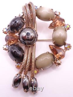Vtg 1950s Retro Wreath Brooch Pin Snake Chain Detail Glass Cabochons Rhinestones