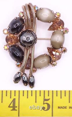 Vtg 1950s Retro Wreath Brooch Pin Snake Chain Detail Glass Cabochons Rhinestones