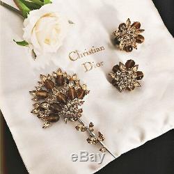 Vtg 1960 Christian Dior Tiger Eye&Amber Rhinestones Floral Brooch &Earrings Set