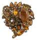 Vtg 1960s Brooch Abstract Heart Amber Brown Glass Rhinestones Brass Tone Metal