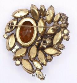 Vtg 1960s Brooch Abstract Heart Amber Brown Glass Rhinestones Brass Tone Metal
