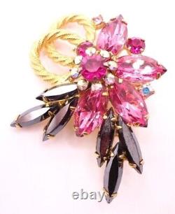 Vtg 1960s Floral Spray Brooch Pin Pink Gray Glass Rhinestones Gold Tone Metal