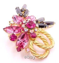 Vtg 1960s Floral Spray Brooch Pin Pink Gray Glass Rhinestones Gold Tone Metal