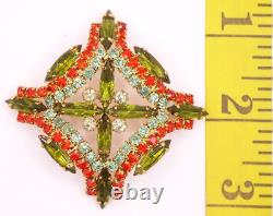 Vtg 1960s Geometric Cluster Brooch Pin Green Orange Rhinestones Gold Tone Metal