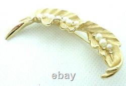 Vtg 1960s Trifari Brooch Twisted Leaf Faux Pearls Rhinestones Brushed Gold Tone