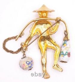 Vtg 1970s Asian Waterboy Brooch White Lampwork Beads Rhinestones Gold Tone Metal