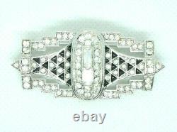Vtg 1980 Givenchy Brooch Pin Art Deco Black Enamel Clear Rhinestones Silver Tone