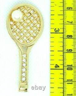 Vtg 1980s Swarovski Brooch Pin Tennis Racket Clear Crystal Rhinestones Gold Tone