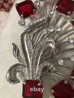 Vtg 4.5 Coat Brooch EISENBERG ICE Red Glass Floral Bouquet Crystal Rhinestones