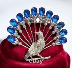 Vtg 40s Large Statement Figural Peacock Bird Brooch Blue Rhinestone Fan Tail 3