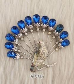 Vtg 40s Large Statement Figural Peacock Bird Brooch Blue Rhinestone Fan Tail 3