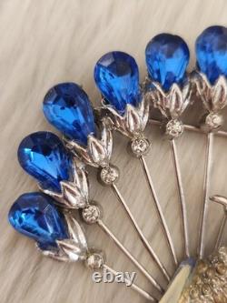 Vtg 40s Large Statement Figural Peacock Bird Brooch Blue Rhinestone Fan Tail 3