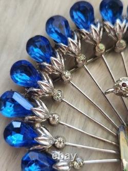 Vtg 40s Large Statement Figural Peacock Bird Brooch Blue Rhinestone Fan Tail 3