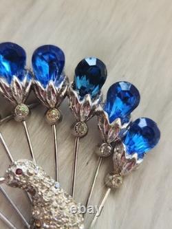 Vtg 40s Large Statement Figural Peacock Bird Brooch Blue Rhinestone Fan Tail 3