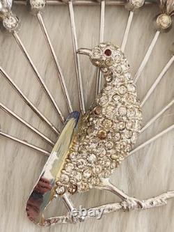 Vtg 40s Large Statement Figural Peacock Bird Brooch Blue Rhinestone Fan Tail 3