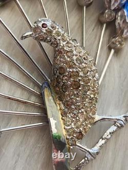Vtg 40s Large Statement Figural Peacock Bird Brooch Blue Rhinestone Fan Tail 3