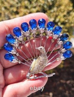 Vtg 40s Large Statement Figural Peacock Bird Brooch Blue Rhinestone Fan Tail 3