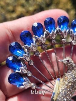 Vtg 40s Large Statement Figural Peacock Bird Brooch Blue Rhinestone Fan Tail 3