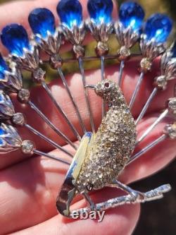 Vtg 40s Large Statement Figural Peacock Bird Brooch Blue Rhinestone Fan Tail 3