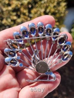 Vtg 40s Large Statement Figural Peacock Bird Brooch Blue Rhinestone Fan Tail 3