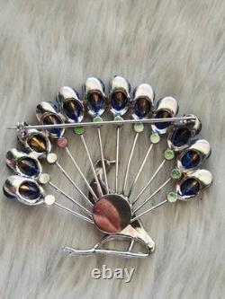 Vtg 40s Large Statement Figural Peacock Bird Brooch Blue Rhinestone Fan Tail 3