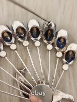 Vtg 40s Large Statement Figural Peacock Bird Brooch Blue Rhinestone Fan Tail 3