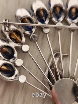 Vtg 40s Large Statement Figural Peacock Bird Brooch Blue Rhinestone Fan Tail 3