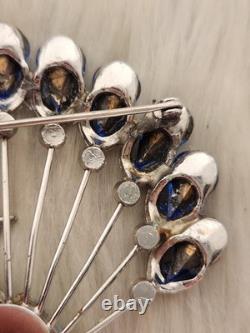 Vtg 40s Large Statement Figural Peacock Bird Brooch Blue Rhinestone Fan Tail 3