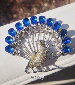 Vtg 40s Large Statement Figural Peacock Bird Brooch Blue Rhinestone Fan Tail 3