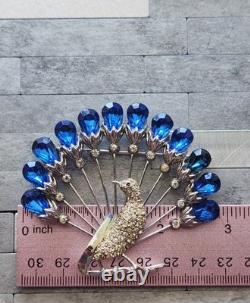 Vtg 40s Large Statement Figural Peacock Bird Brooch Blue Rhinestone Fan Tail 3