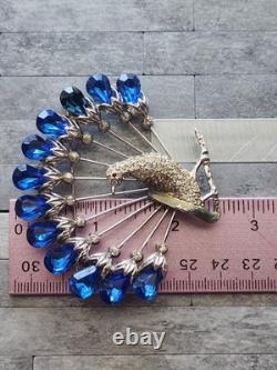 Vtg 40s Large Statement Figural Peacock Bird Brooch Blue Rhinestone Fan Tail 3