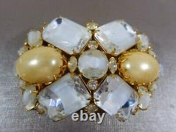 Vtg Alice Caviness Signed Givre Glass Faux Mabe Pearl Rhinestone Domed Lg Brooch