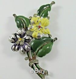 Vtg Antique Crown Trifari Enamel Flower Floral Fur Clip Pin Brooch Enamel Loss