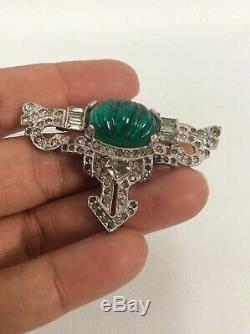 Vtg Art Deco Green Glass Rhinestone Silver Tone pin brooch