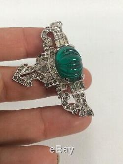 Vtg Art Deco Green Glass Rhinestone Silver Tone pin brooch