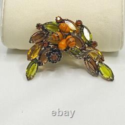 Vtg Autumn Topaz Brooch Orange Green Rhinestones Art Glass