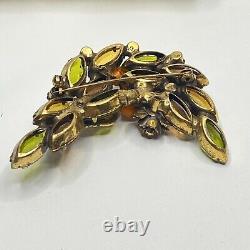 Vtg Autumn Topaz Brooch Orange Green Rhinestones Art Glass