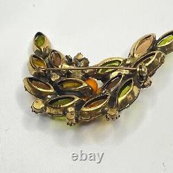 Vtg Autumn Topaz Brooch Orange Green Rhinestones Art Glass