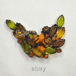 Vtg Autumn Topaz Brooch Orange Green Rhinestones Art Glass