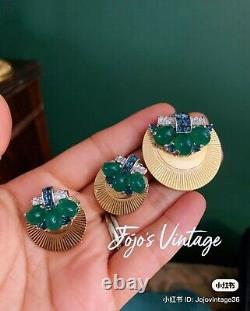 Vtg BOUCHER Art Deco Green & Clear Rhinestone Clip Earrings & Pin Brooch Set