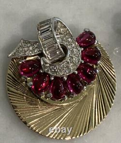 Vtg BOUCHER Art Deco Pink & Clear Rhinestone Clip Earrings & Pin Brooch Set