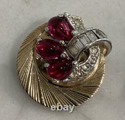 Vtg BOUCHER Art Deco Pink & Clear Rhinestone Clip Earrings & Pin Brooch Set