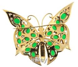 Vtg BOUCHER Butterfly Figural Rhinestone Emerald Green Cabochon Brooch Pin