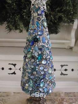 Vtg Blue Rhinestone Jewelry Christmas Tree, Earrings Brooches