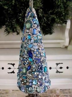 Vtg Blue Rhinestone Jewelry Christmas Tree, Earrings Brooches