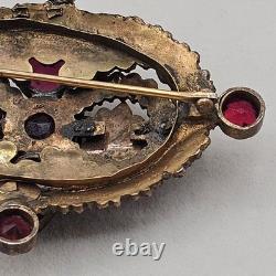 Vtg Bohemian Czech Garnet Brooch Deep Red Victorian Style Floral Cluster 2.5