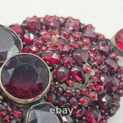 Vtg Bohemian Czech Garnet Brooch Deep Red Victorian Style Floral Cluster 2.5