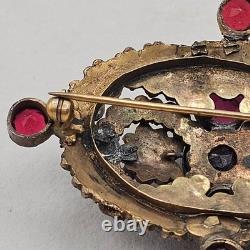Vtg Bohemian Czech Garnet Brooch Deep Red Victorian Style Floral Cluster 2.5