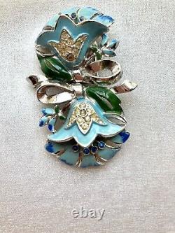 Vtg CORO Blue Enamel & Rhinestone Lotus Flower Duette Brooch! Pat # 1798867